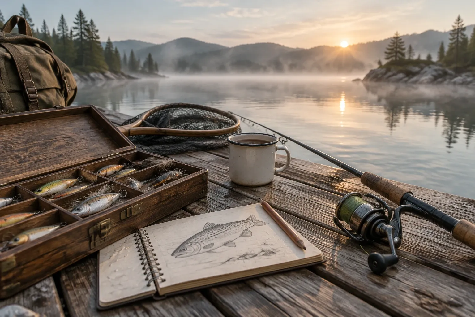 Boîte à leurres en bois ouverte, carnet avec croquis de poisson, tasse et canne sur ponton brumeux