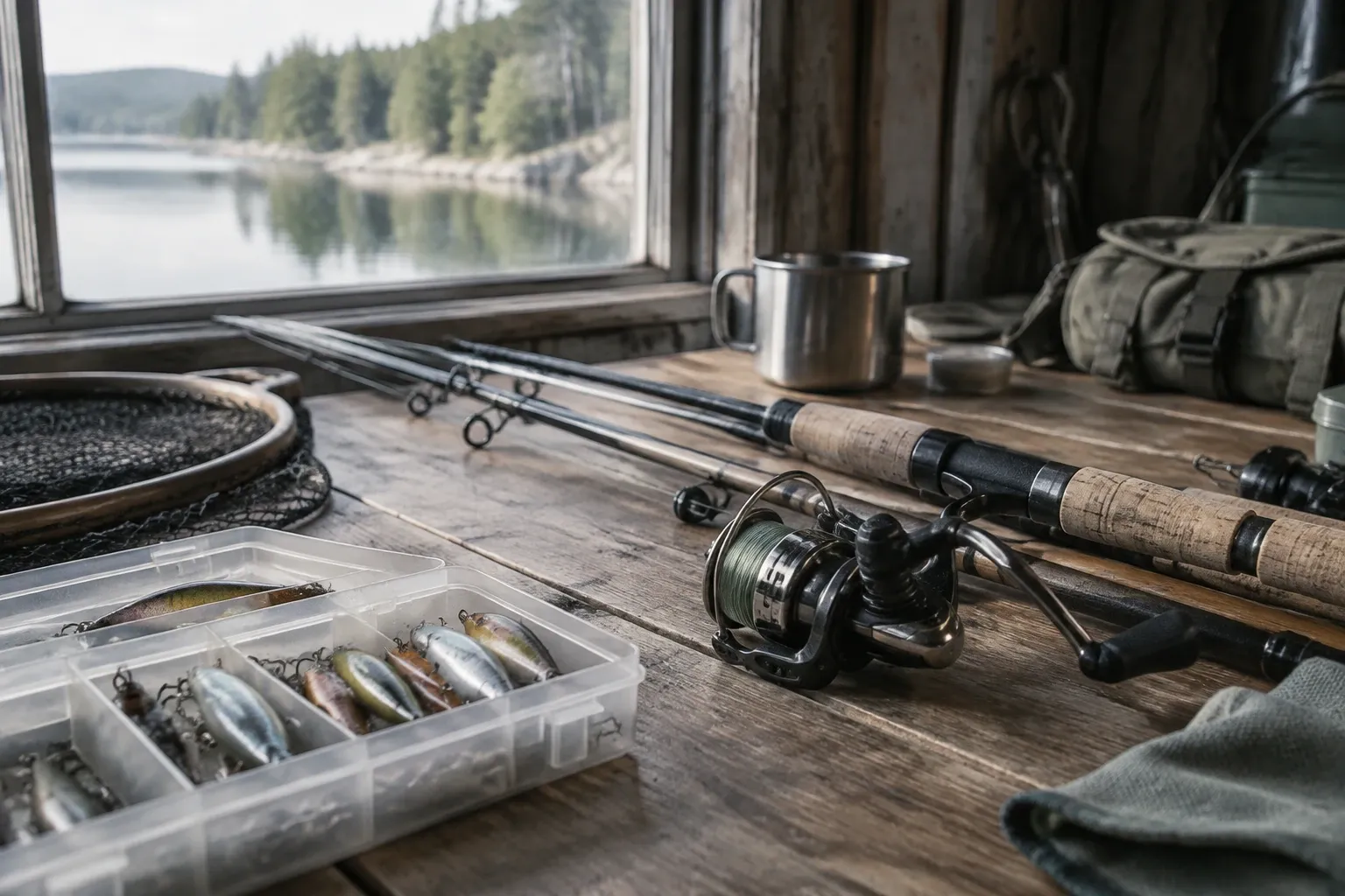 Canne à pêche, moulinet, boîte d'appâts artificiels et filet sur table près d'un lac