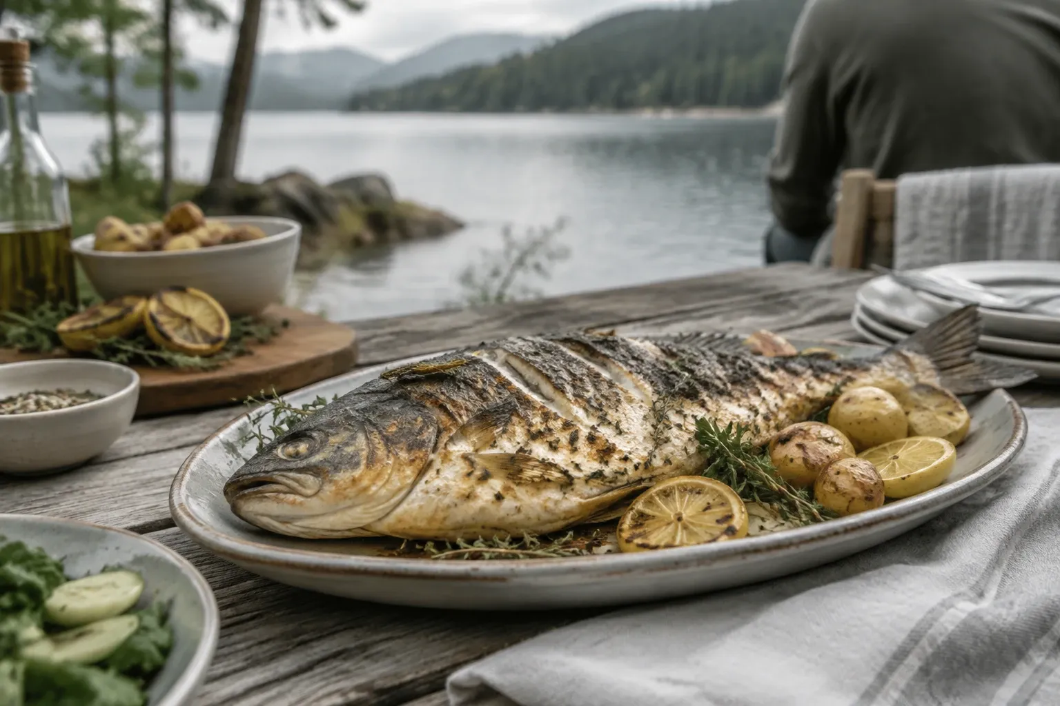 Poisson entier rôti sur plat avec pommes de terre et quartiers de citron, au bord d’un lac