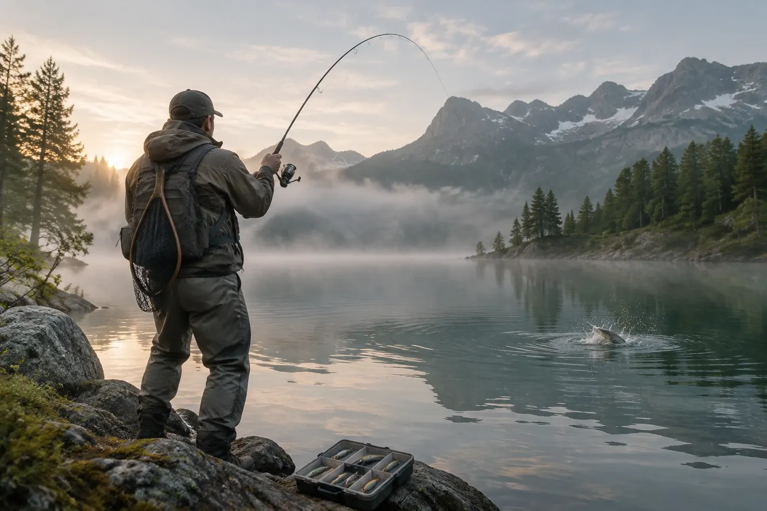 Pêcheur en waders lançant une canne vers un poisson qui éclabousse le lac au matin